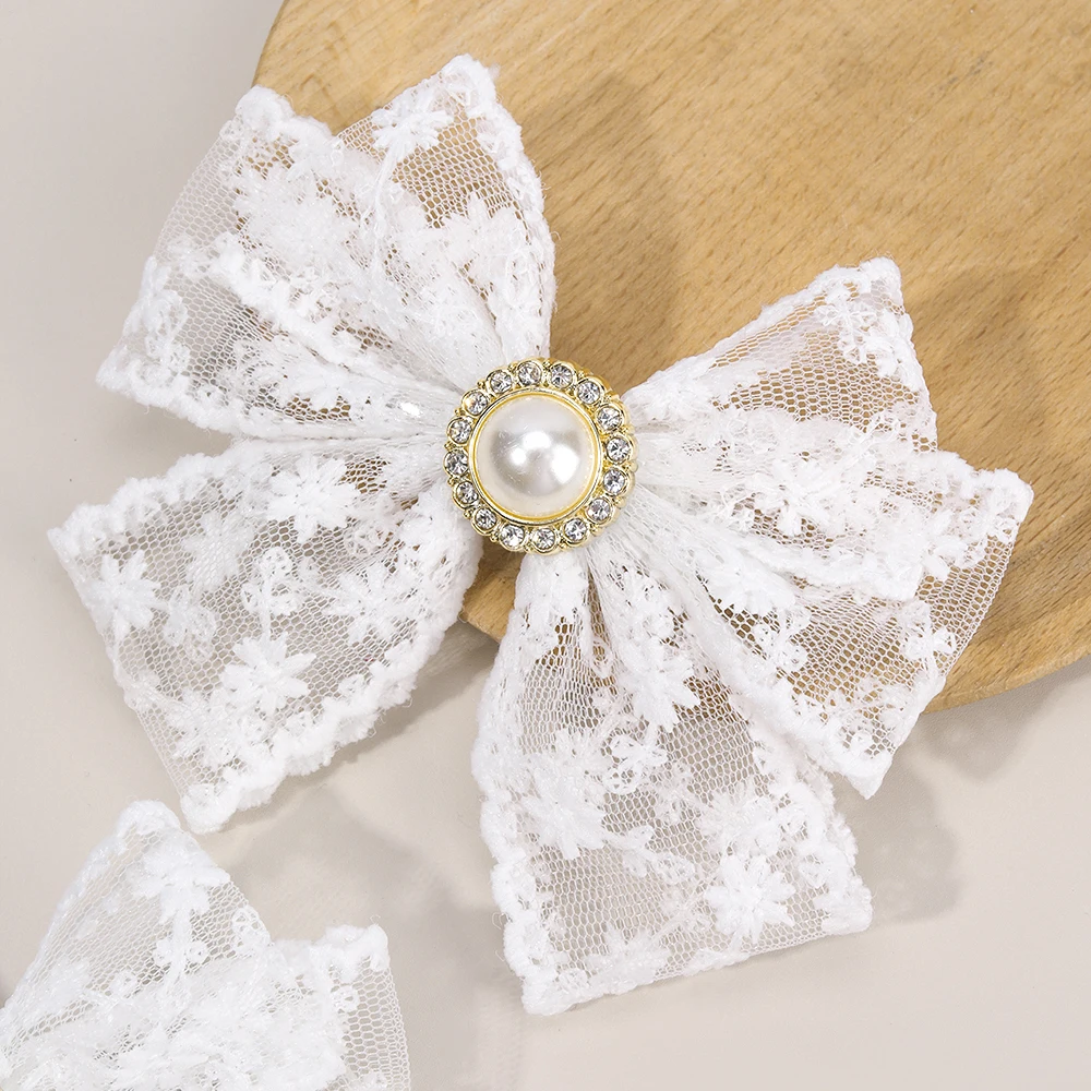 2Pcs Flower Embroidery Bow Hair Clips Sweet Elegant White Lace Net Ponytail Hairpin Girls Kids Children's Headdress Accessories