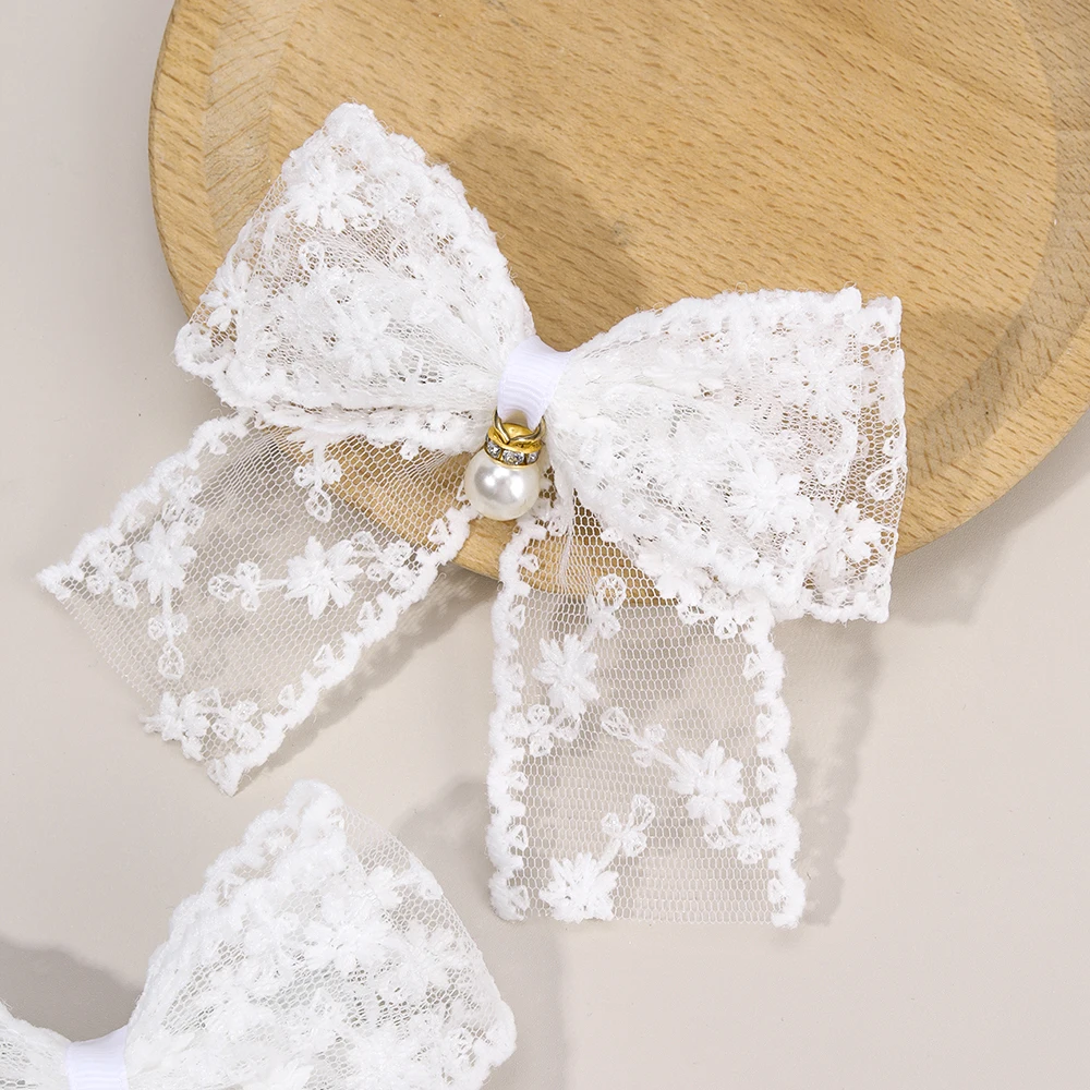 2Pcs Flower Embroidery Bow Hair Clips Sweet Elegant White Lace Net Ponytail Hairpin Girls Kids Children's Headdress Accessories