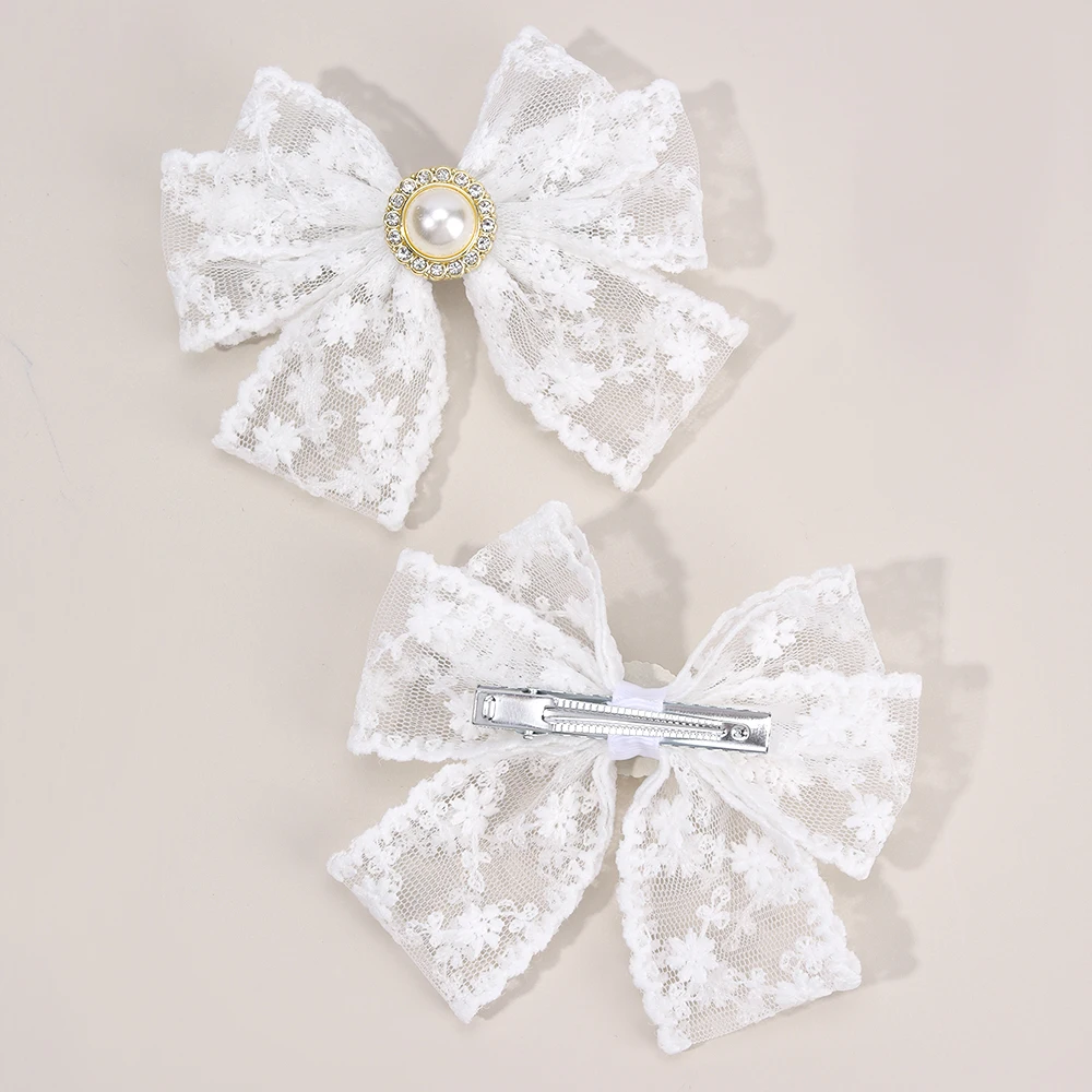 2Pcs Flower Embroidery Bow Hair Clips Sweet Elegant White Lace Net Ponytail Hairpin Girls Kids Children's Headdress Accessories
