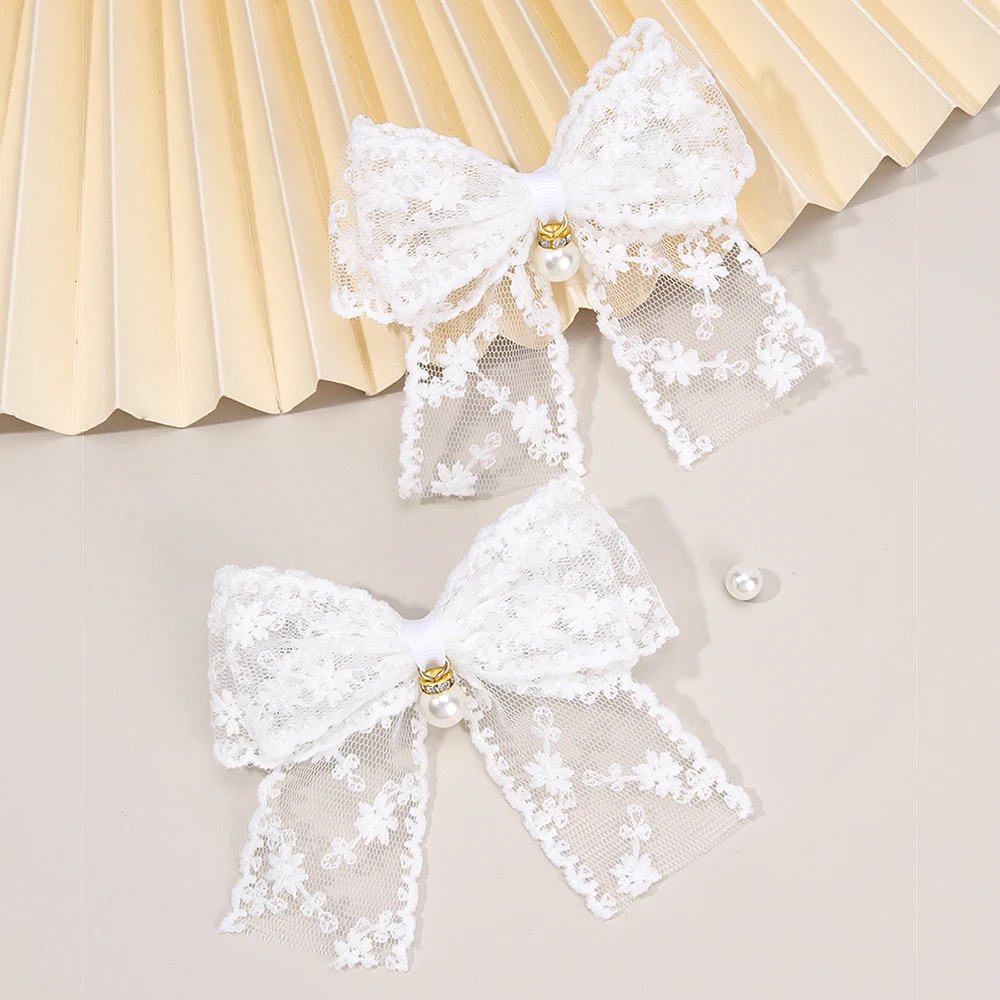 2Pcs Flower Embroidery Bow Hair Clips Sweet Elegant White Lace Net Ponytail Hairpin Girls Kids Children's Headdress Accessories