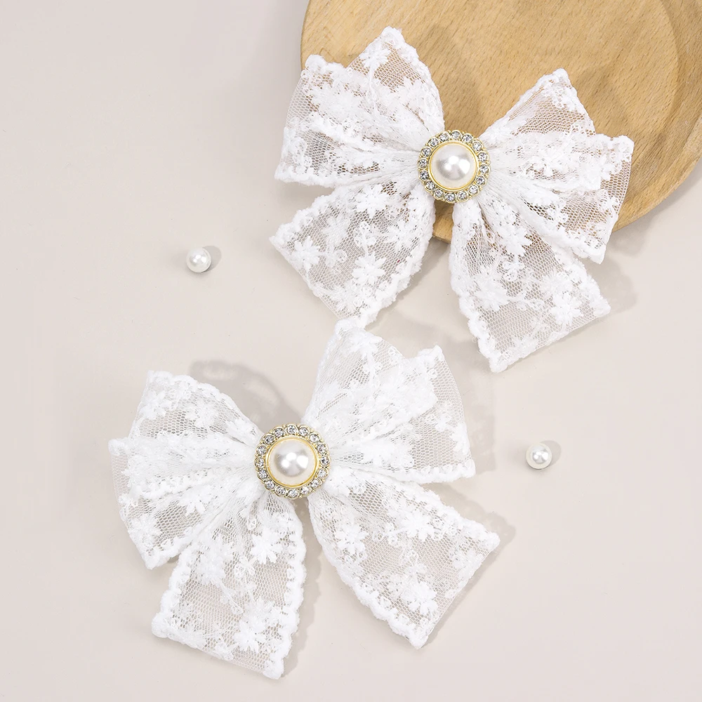 2Pcs Flower Embroidery Bow Hair Clips Sweet Elegant White Lace Net Ponytail Hairpin Girls Kids Children's Headdress Accessories