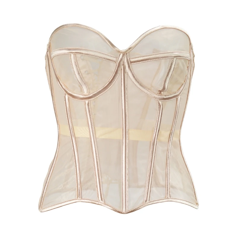 Sheer Corset Waist Shaping Girdle Fishbone Bustier with Tied for Women