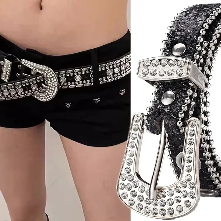 Punk Rhinestone Belt Belt Brand 2.3cm Y2K Bling Sequin Designer Belts Pu Fashion Waistband Jeans Pants Decor Belt for Women Men