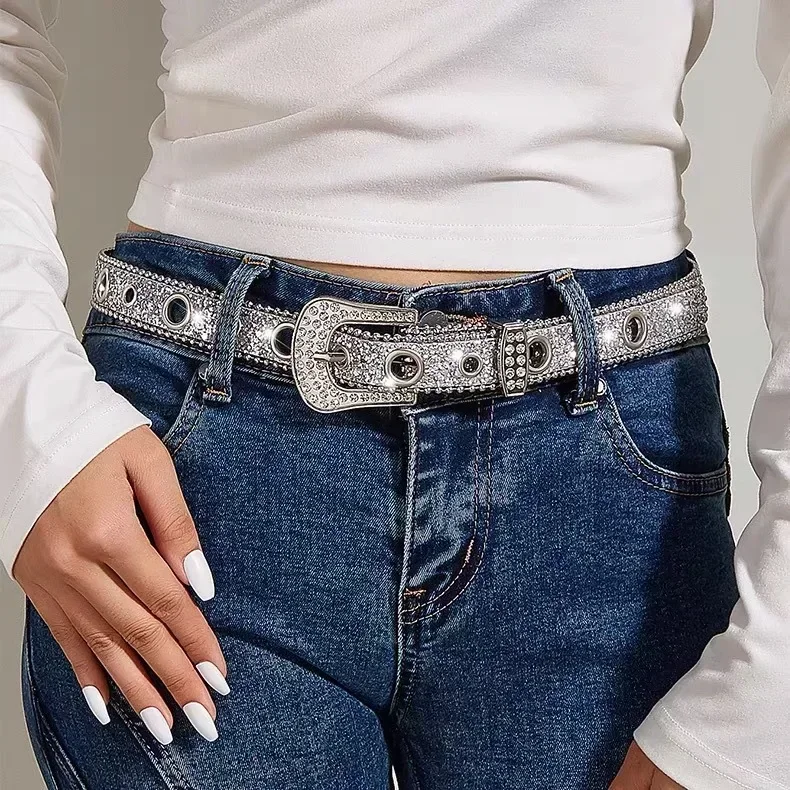 Punk Rhinestone Belt Belt Brand 2.3cm Y2K Bling Sequin Designer Belts Pu Fashion Waistband Jeans Pants Decor Belt for Women Men