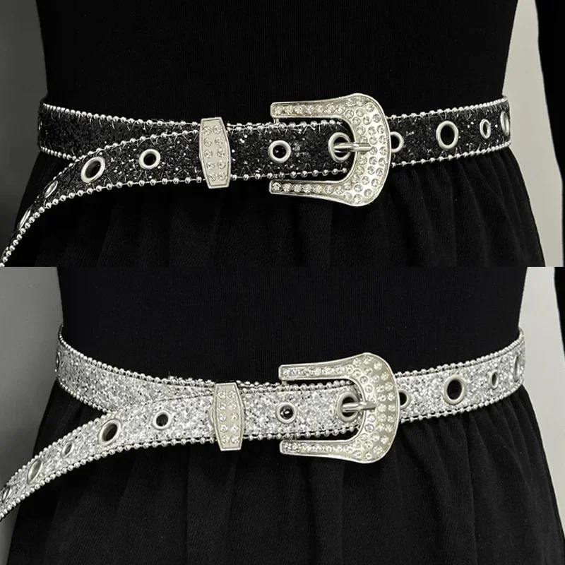 Punk Rhinestone Belt Belt Brand 2.3cm Y2K Bling Sequin Designer Belts Pu Fashion Waistband Jeans Pants Decor Belt for Women Men