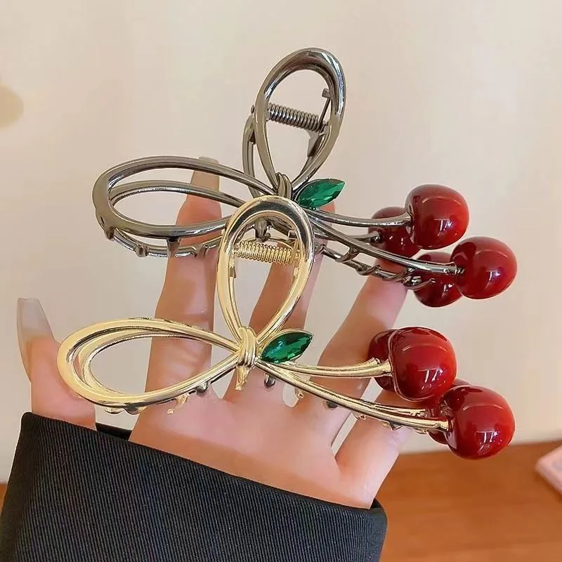Women Elegant Cherry Hair Claw Grab Clips Bow Hairpins Korean Fashion Barrettes Girls Ponytail Shark Clip Hair Accessories