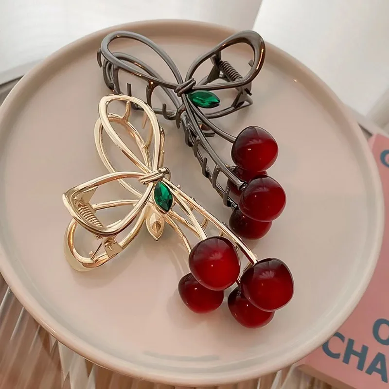 Women Elegant Cherry Hair Claw Grab Clips Bow Hairpins Korean Fashion Barrettes Girls Ponytail Shark Clip Hair Accessories