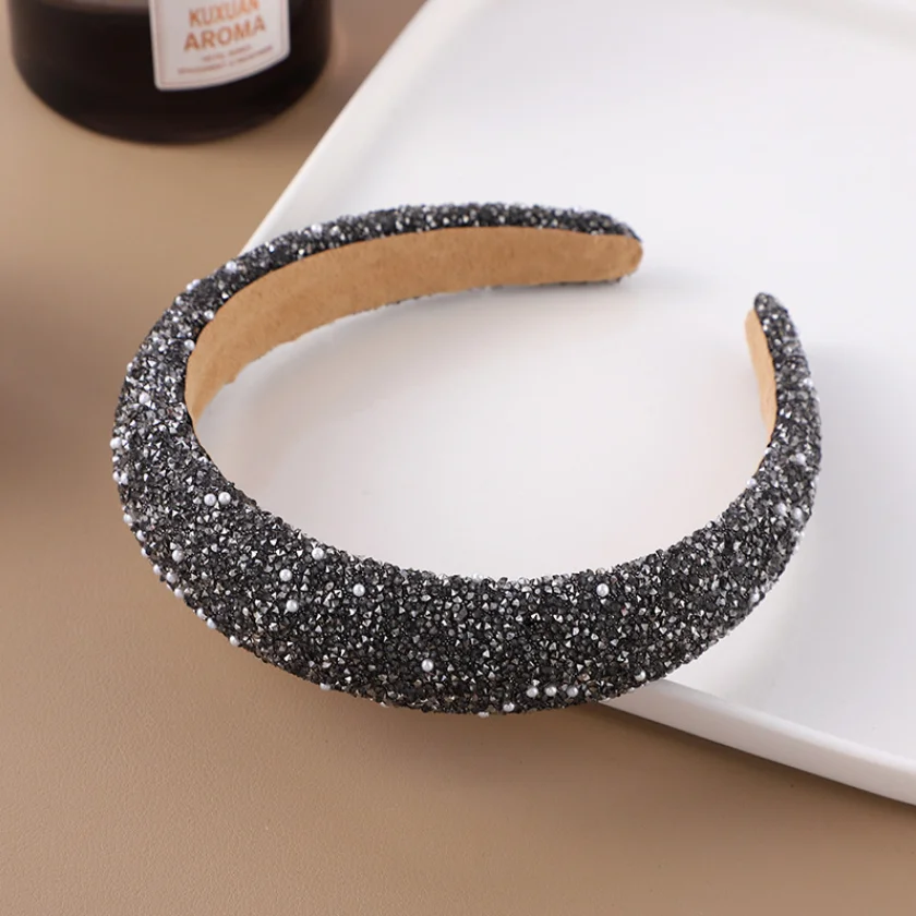 Glitter Rhinestone Pearl Hair Band Vintage Thick Sponge Headbands Fashion Non Slip Hair Hoop For Women Girls Evening Dress Decor