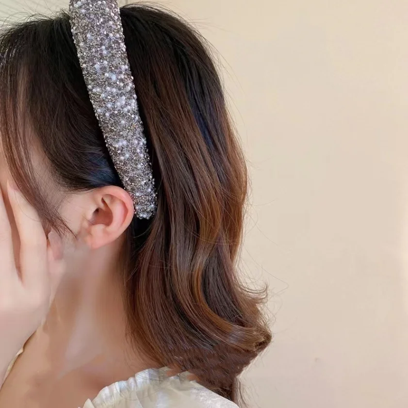 Glitter Rhinestone Pearl Hair Band Vintage Thick Sponge Headbands Fashion Non Slip Hair Hoop For Women Girls Evening Dress Decor