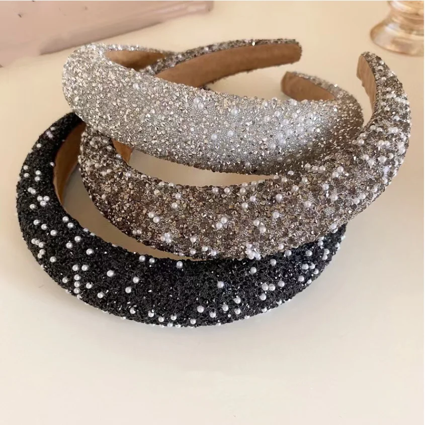 Glitter Rhinestone Pearl Hair Band Vintage Thick Sponge Headbands Fashion Non Slip Hair Hoop For Women Girls Evening Dress Decor