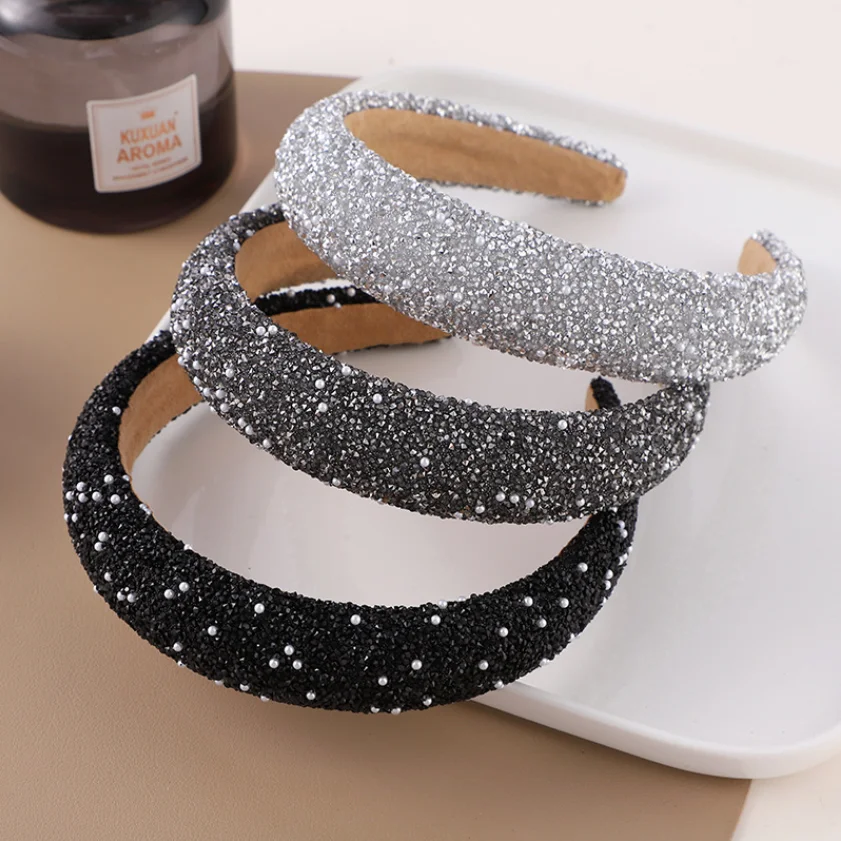 Glitter Rhinestone Pearl Hair Band Vintage Thick Sponge Headbands Fashion Non Slip Hair Hoop For Women Girls Evening Dress Decor