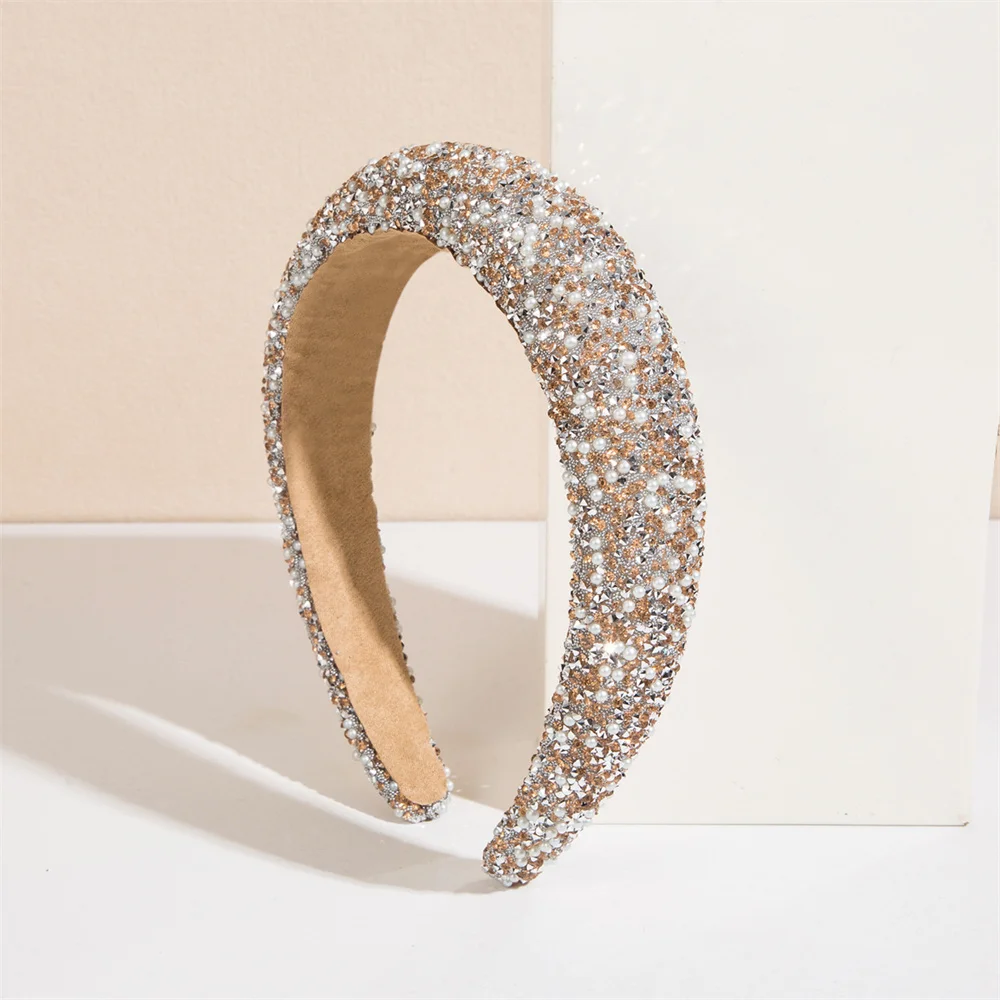 Glitter Rhinestone Pearl Hair Band Vintage Thick Sponge Headbands Fashion Non Slip Hair Hoop For Women Girls Evening Dress Decor