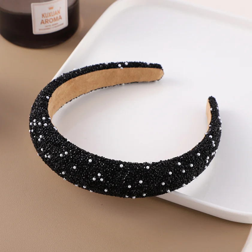 Glitter Rhinestone Pearl Hair Band Vintage Thick Sponge Headbands Fashion Non Slip Hair Hoop For Women Girls Evening Dress Decor