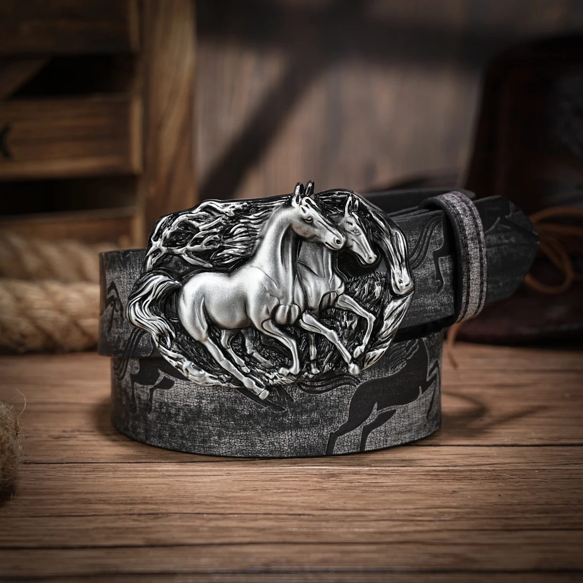 Western Cowboy PU Leather Belt - Men Waist Strap Bull Decoration Floral Engraved for Jeans