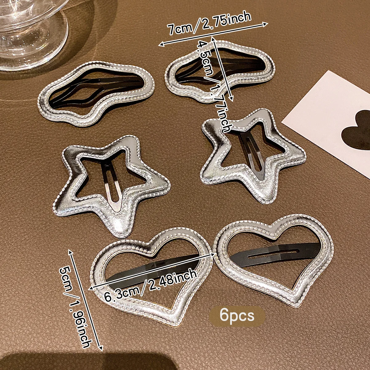 6 silver star heart-shaped BB clips with sweet and stylish hair clips suitable for daily use