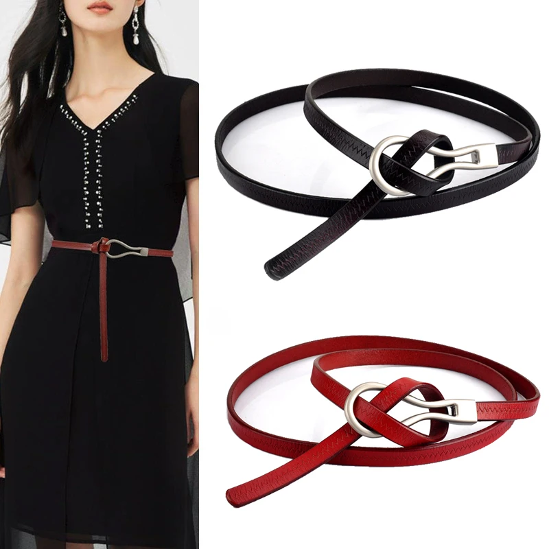 Simple Women's Genuine Leather Knotted Skinny Belt with Skirt Coat Tight Waist Luxury Decoration