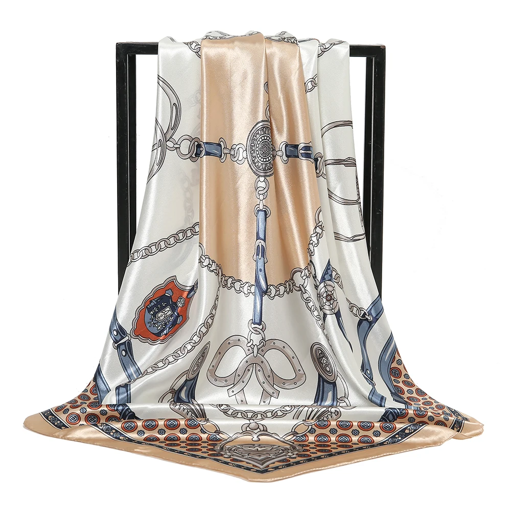 Fashion Square Silk Scarf Women Printed Chain Satin Neckerchief Mulim Hijab Luxury Shawl Hairband Bandana Foulard 90*90cm