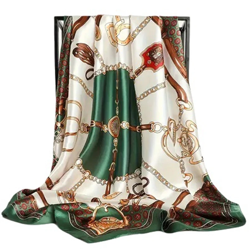 Fashion Square Silk Scarf Women Printed Chain Satin Neckerchief Mulim Hijab Luxury Shawl Hairband Bandana Foulard 90*90cm