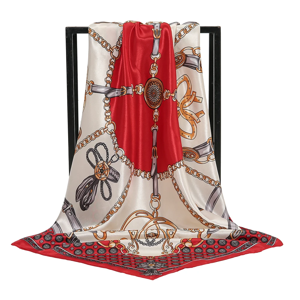 Fashion Square Silk Scarf Women Printed Chain Satin Neckerchief Mulim Hijab Luxury Shawl Hairband Bandana Foulard 90*90cm