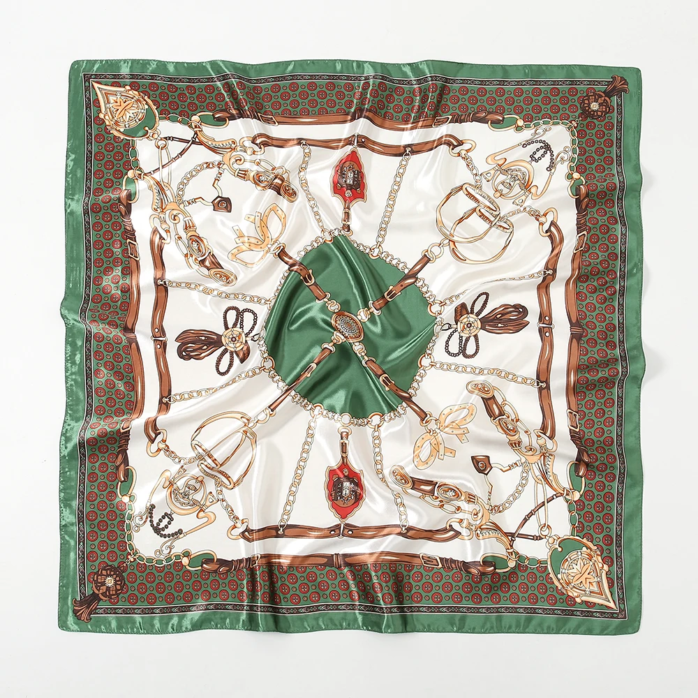 Fashion Square Silk Scarf Women Printed Chain Satin Neckerchief Mulim Hijab Luxury Shawl Hairband Bandana Foulard 90*90cm