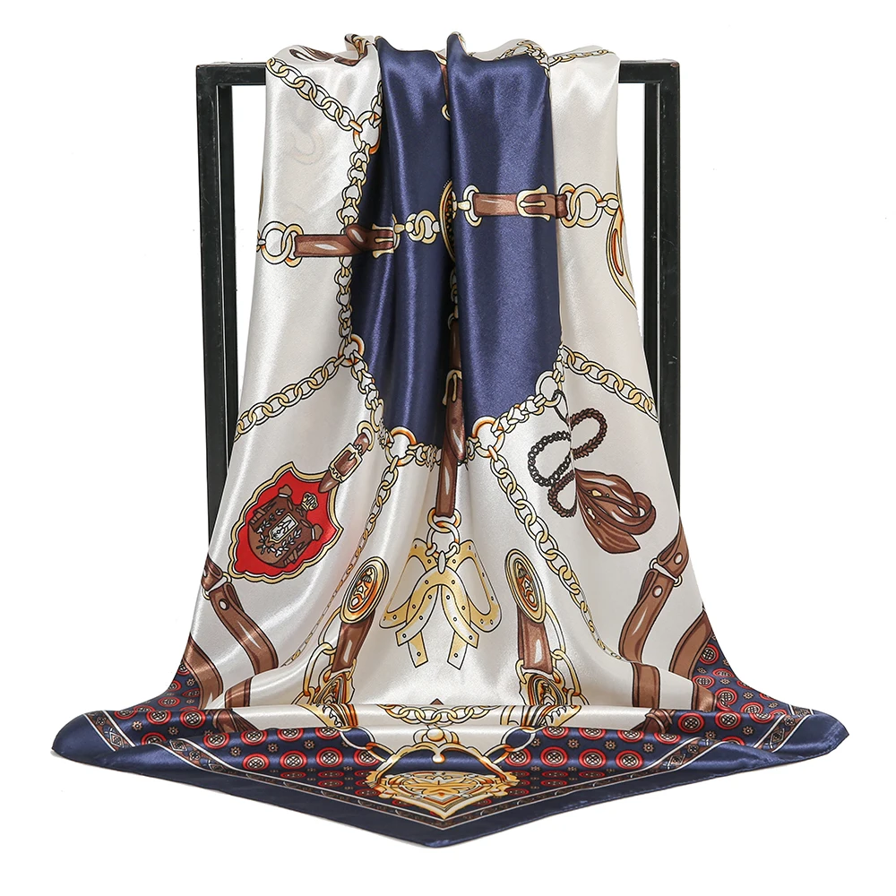 Fashion Square Silk Scarf Women Printed Chain Satin Neckerchief Mulim Hijab Luxury Shawl Hairband Bandana Foulard 90*90cm
