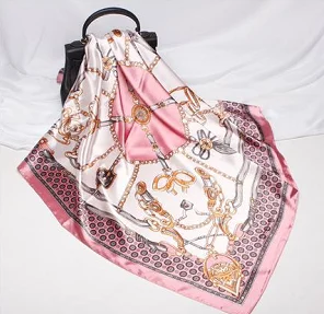 Fashion Square Silk Scarf Women Printed Chain Satin Neckerchief Mulim Hijab Luxury Shawl Hairband Bandana Foulard 90*90cm