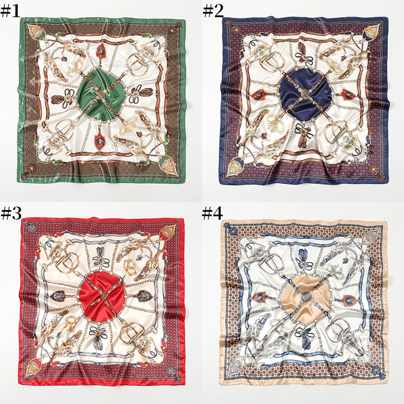 Fashion Square Silk Scarf Women Printed Chain Satin Neckerchief Mulim Hijab Luxury Shawl Hairband Bandana Foulard 90*90cm