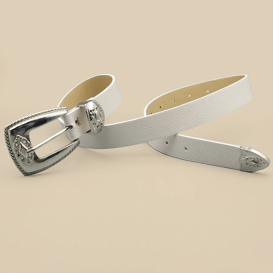 White Border Women's Belt Solid Color Casual Daily Belt Silver Carved Alloy Buckle Daily Commuting Date Fashion Accessories