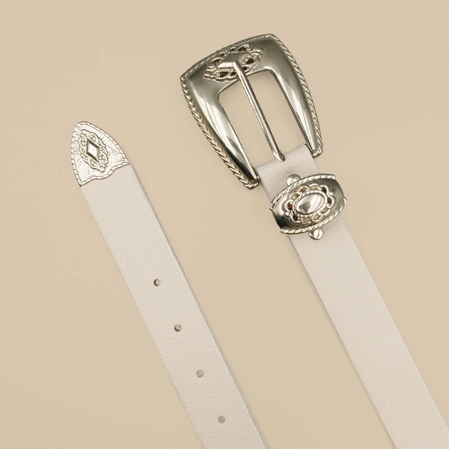 White Border Women's Belt Solid Color Casual Daily Belt Silver Carved Alloy Buckle Daily Commuting Date Fashion Accessories