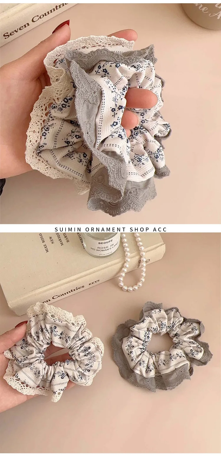 2025 New White Gray Floral Scrunchies Hairbands Lace Sweet Hair Ropes Ties Girls Preppy Chic Rubber Band Elegant Ponytail Holder
