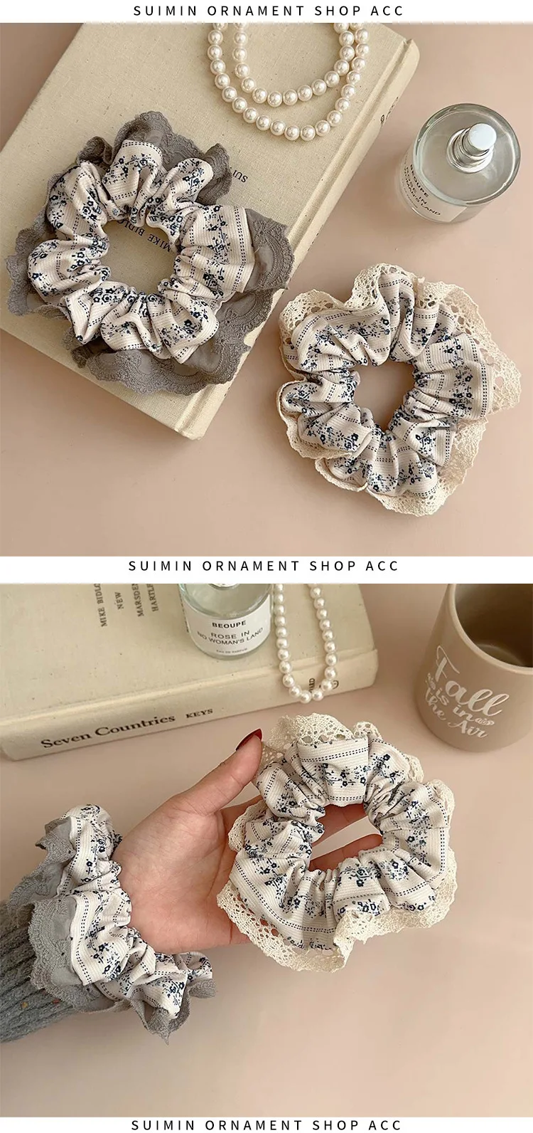 2025 New White Gray Floral Scrunchies Hairbands Lace Sweet Hair Ropes Ties Girls Preppy Chic Rubber Band Elegant Ponytail Holder