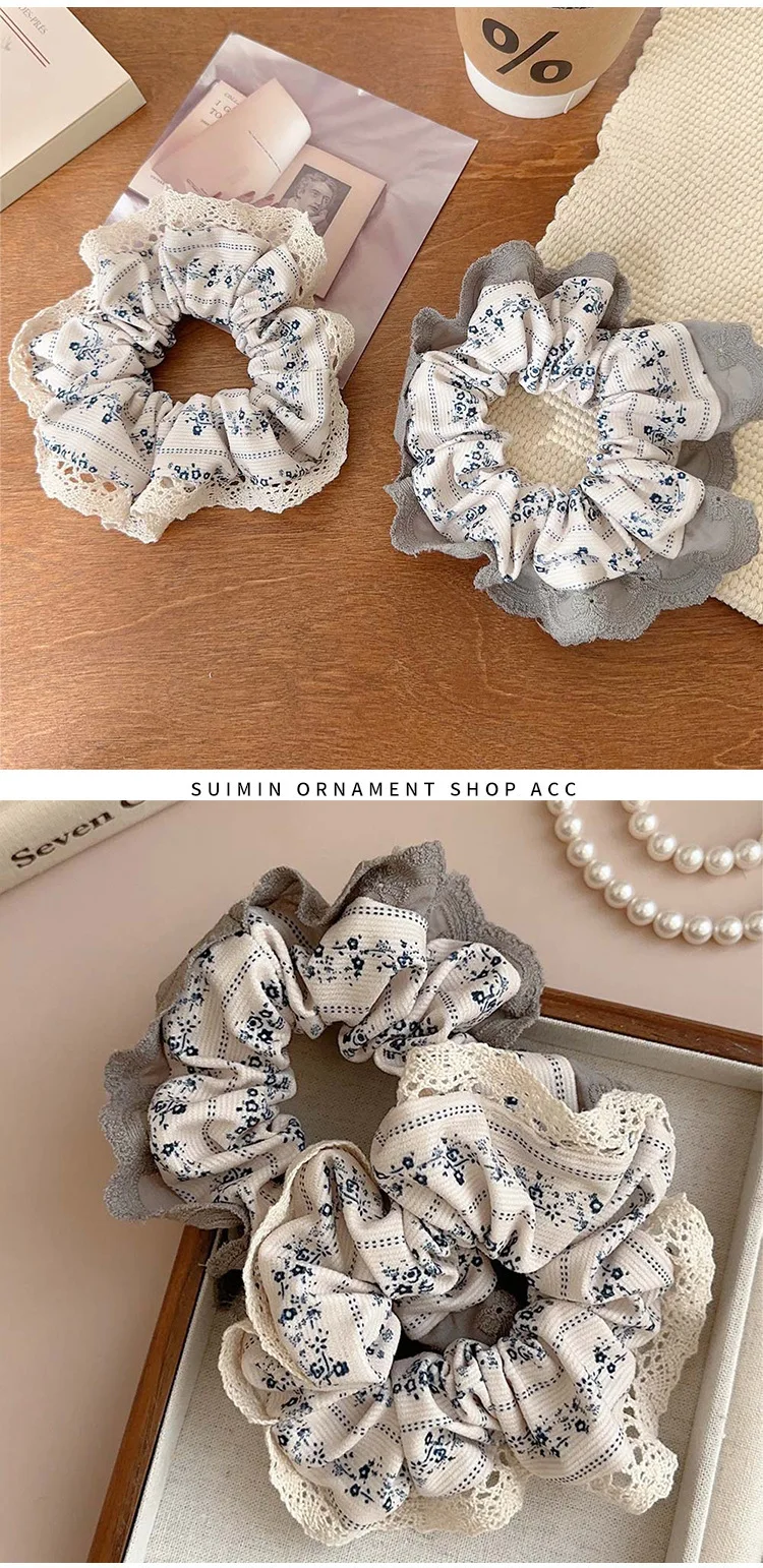 2025 New White Gray Floral Scrunchies Hairbands Lace Sweet Hair Ropes Ties Girls Preppy Chic Rubber Band Elegant Ponytail Holder