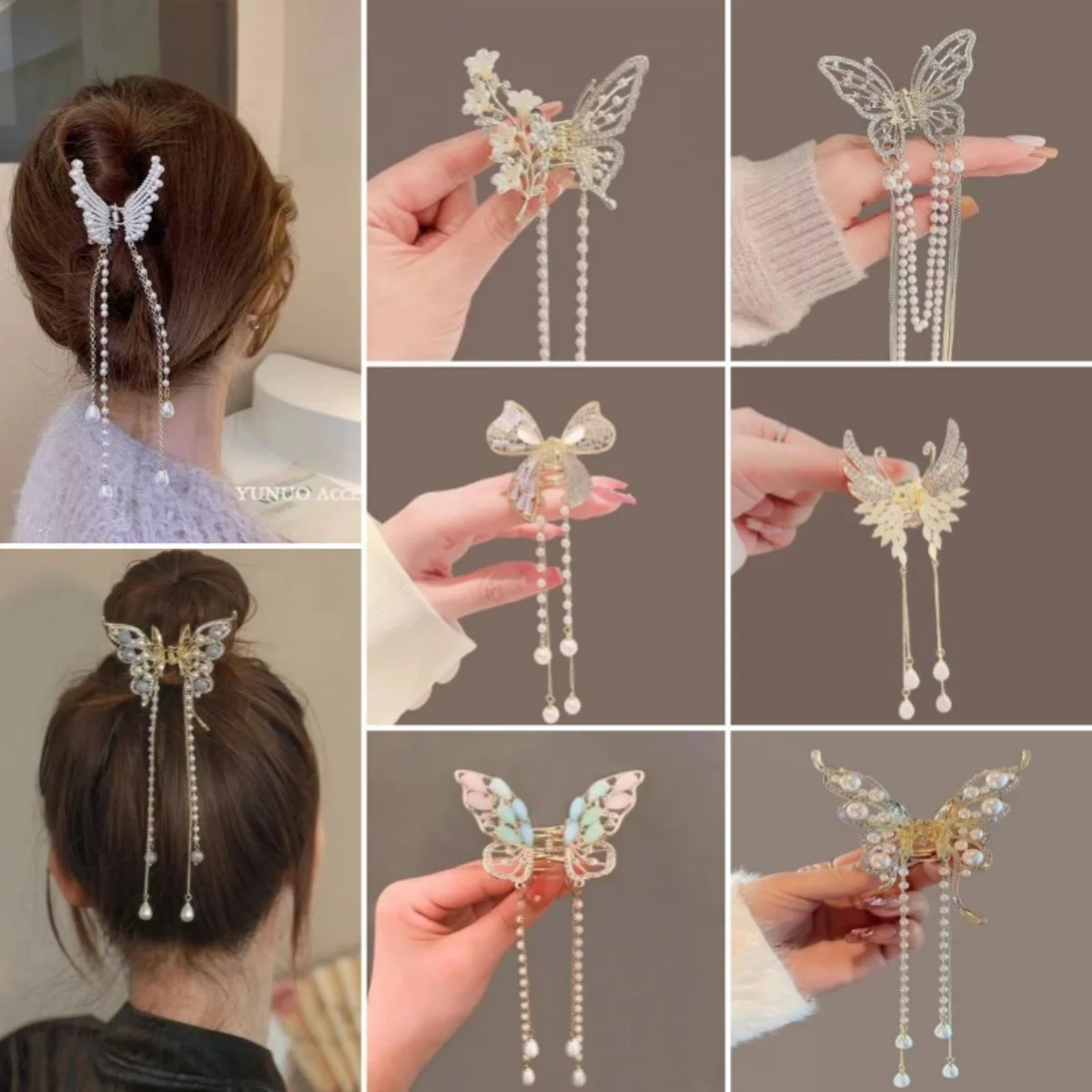 Glitter Shark Grip Clips Korean Style Sweety Romantic Hair Claws Butterfly Shape Girls Pearl Tassel Metal Jewelry Hair Accessory