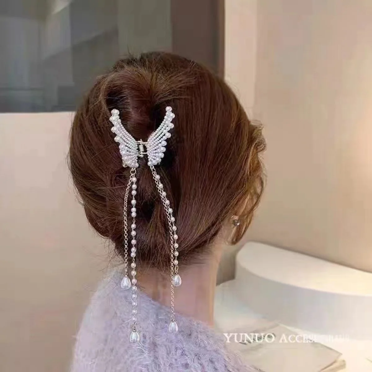 Glitter Shark Grip Clips Korean Style Sweety Romantic Hair Claws Butterfly Shape Girls Pearl Tassel Metal Jewelry Hair Accessory