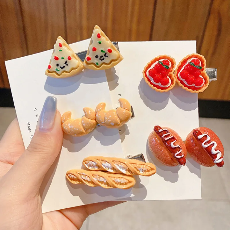 1/5pcs funny food hair clip for women; cute duck mouth clip; side bangs pizza hot dog bread popular hair pin