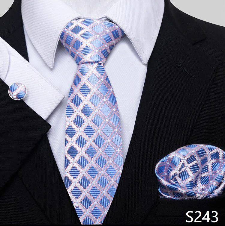 Fashion Brand Hot Sale Blue Plaid 8 cm Tie Pocket Squares Cufflink Set Necktie Men Wedding Accessories Fit Formal Party