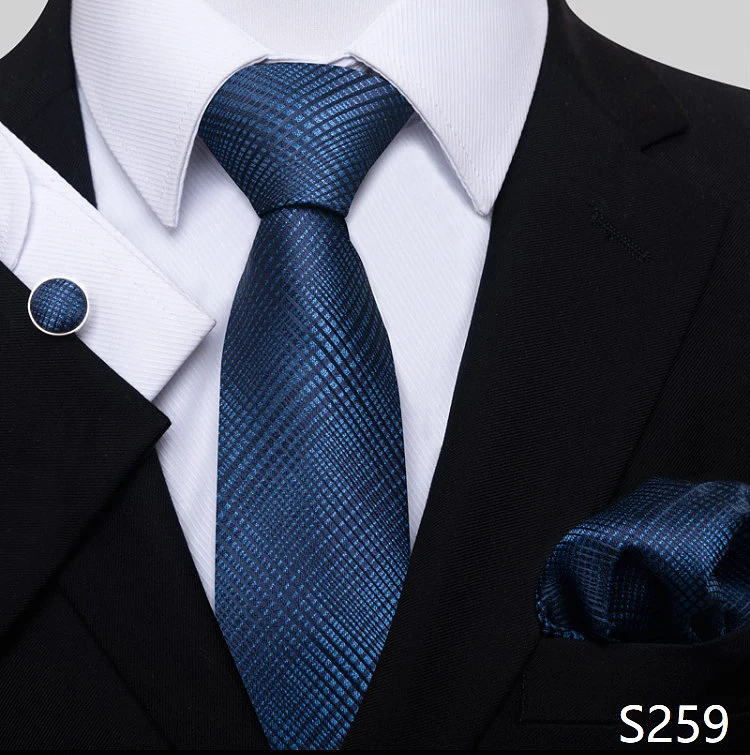 Fashion Brand Hot Sale Blue Plaid 8 cm Tie Pocket Squares Cufflink Set Necktie Men Wedding Accessories Fit Formal Party