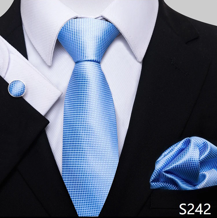 Fashion Brand Hot Sale Blue Plaid 8 cm Tie Pocket Squares Cufflink Set Necktie Men Wedding Accessories Fit Formal Party