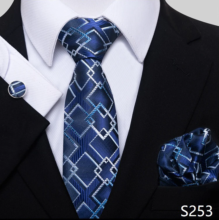 Fashion Brand Hot Sale Blue Plaid 8 cm Tie Pocket Squares Cufflink Set Necktie Men Wedding Accessories Fit Formal Party