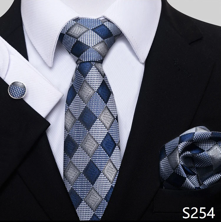 Fashion Brand Hot Sale Blue Plaid 8 cm Tie Pocket Squares Cufflink Set Necktie Men Wedding Accessories Fit Formal Party