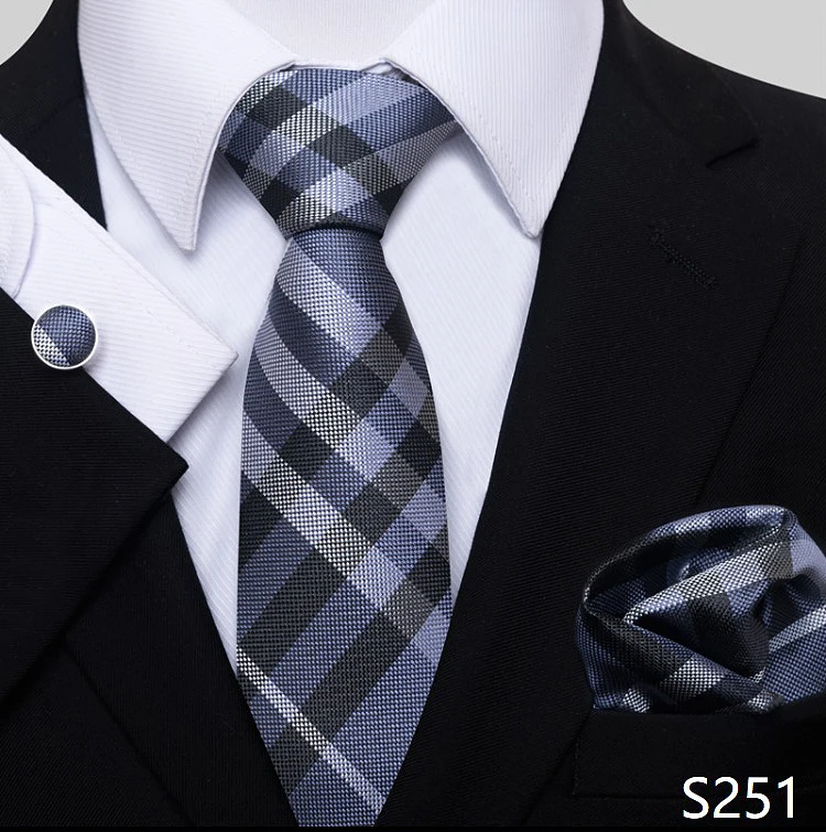Fashion Brand Hot Sale Blue Plaid 8 cm Tie Pocket Squares Cufflink Set Necktie Men Wedding Accessories Fit Formal Party