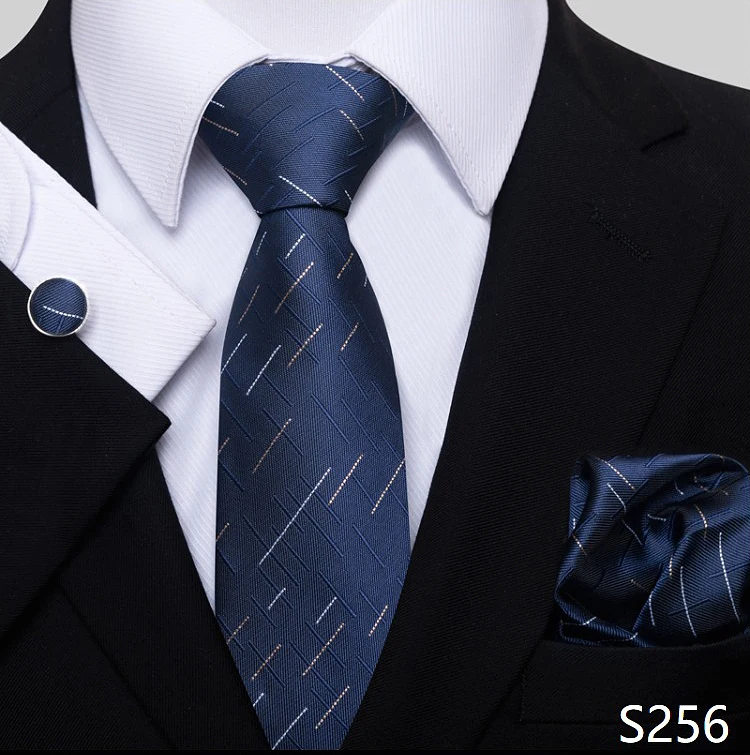 Fashion Brand Hot Sale Blue Plaid 8 cm Tie Pocket Squares Cufflink Set Necktie Men Wedding Accessories Fit Formal Party