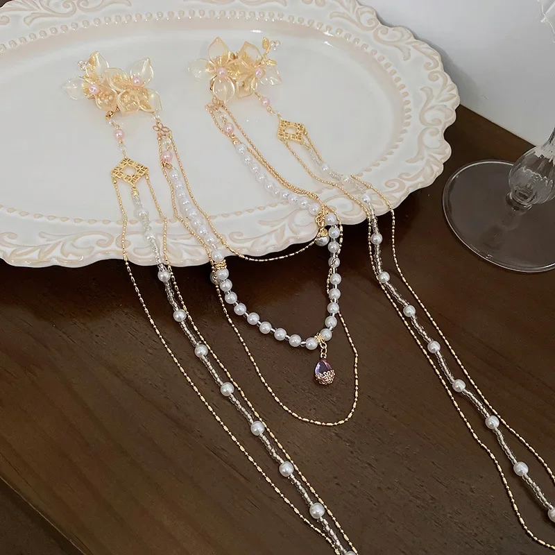 New Chinese Style Rhinestones Flower Hair Clips Imitation Pearl Long Tassel Hairpins Original Duckbill Clip Hanfu Accessories