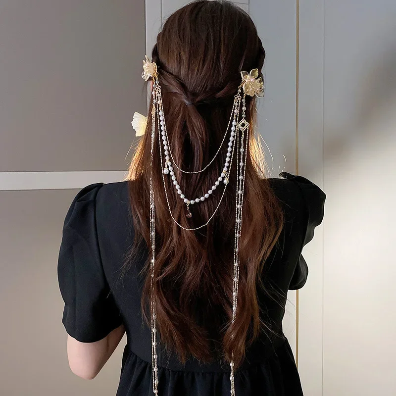 New Chinese Style Rhinestones Flower Hair Clips Imitation Pearl Long Tassel Hairpins Original Duckbill Clip Hanfu Accessories