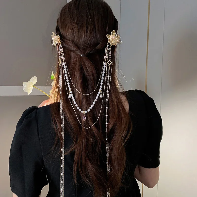 New Chinese Style Rhinestones Flower Hair Clips Imitation Pearl Long Tassel Hairpins Original Duckbill Clip Hanfu Accessories