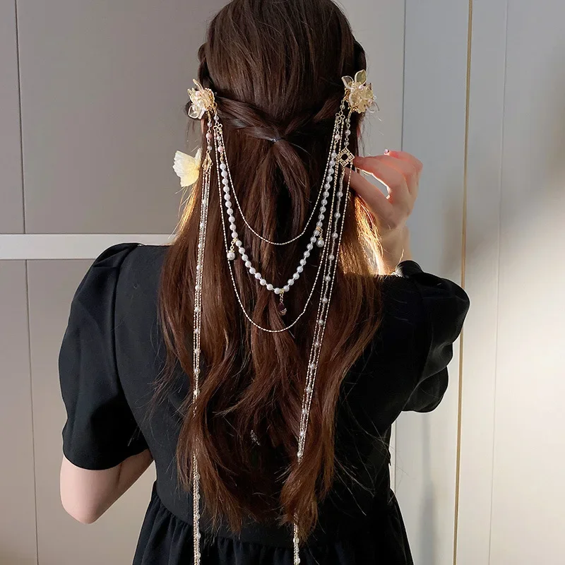 New Chinese Style Rhinestones Flower Hair Clips Imitation Pearl Long Tassel Hairpins Original Duckbill Clip Hanfu Accessories