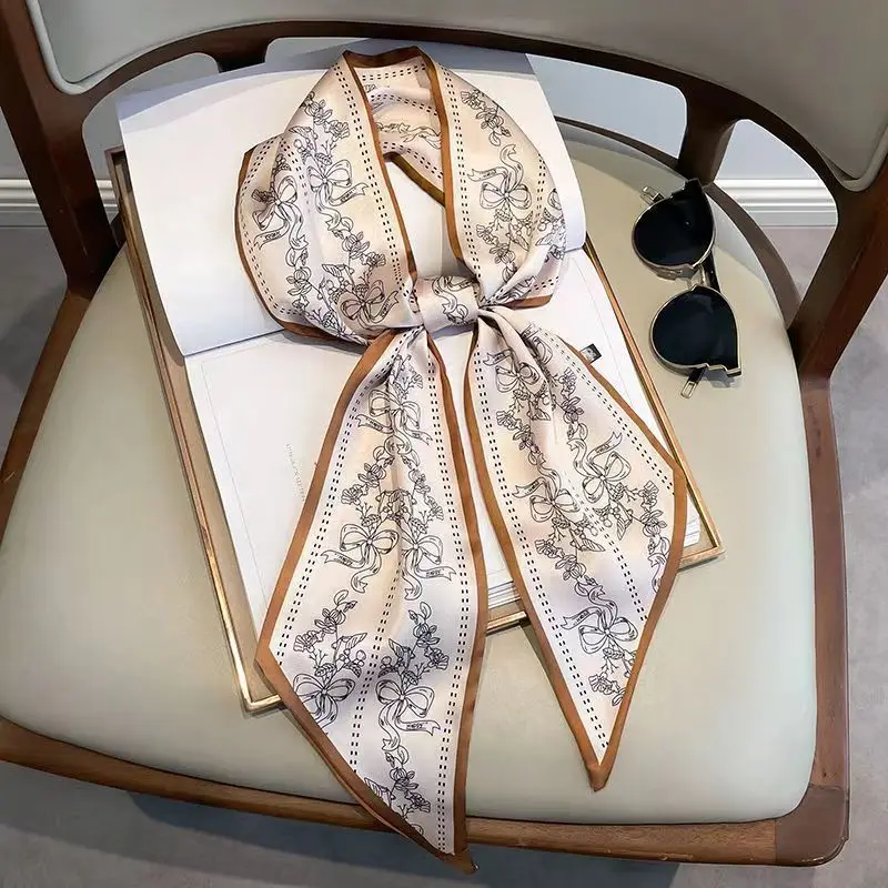 Fashion Bevel Print Hair Ribbon Silk Scarf Women Neck Tie Bag Scarfs Satin Silk Skinny Headscarves Ladies Headband Foulard Gift