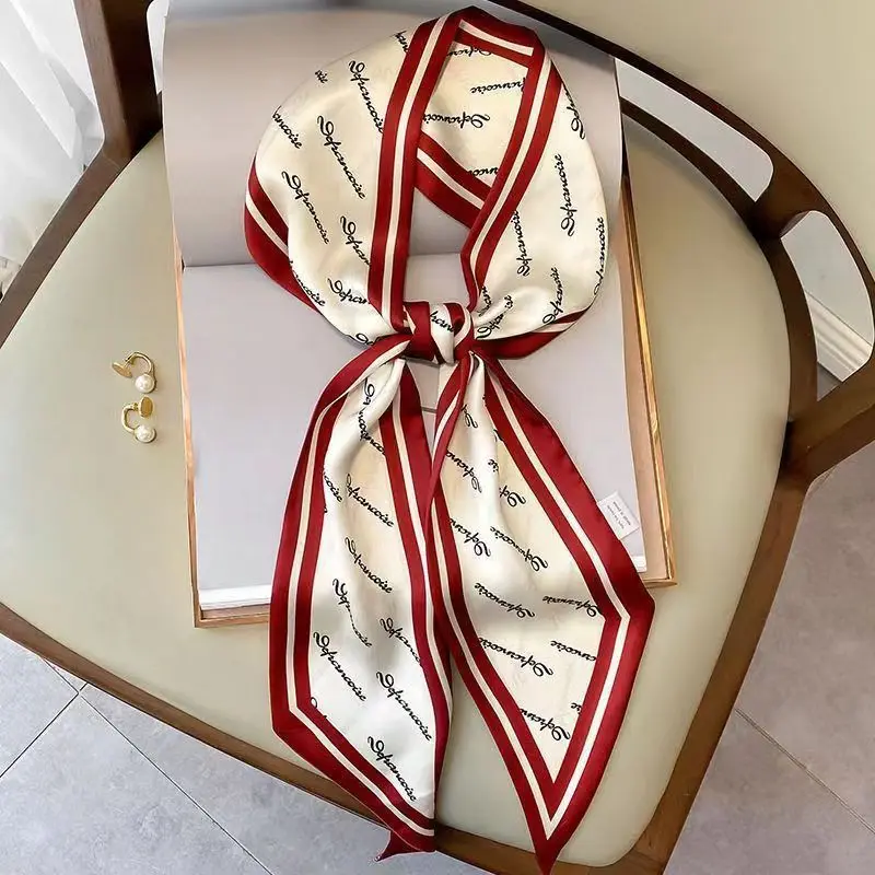 Fashion Bevel Print Hair Ribbon Silk Scarf Women Neck Tie Bag Scarfs Satin Silk Skinny Headscarves Ladies Headband Foulard Gift