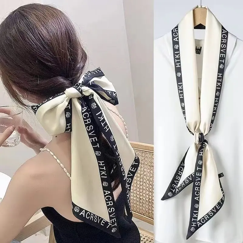 Fashion Bevel Print Hair Ribbon Silk Scarf Women Neck Tie Bag Scarfs Satin Silk Skinny Headscarves Ladies Headband Foulard Gift