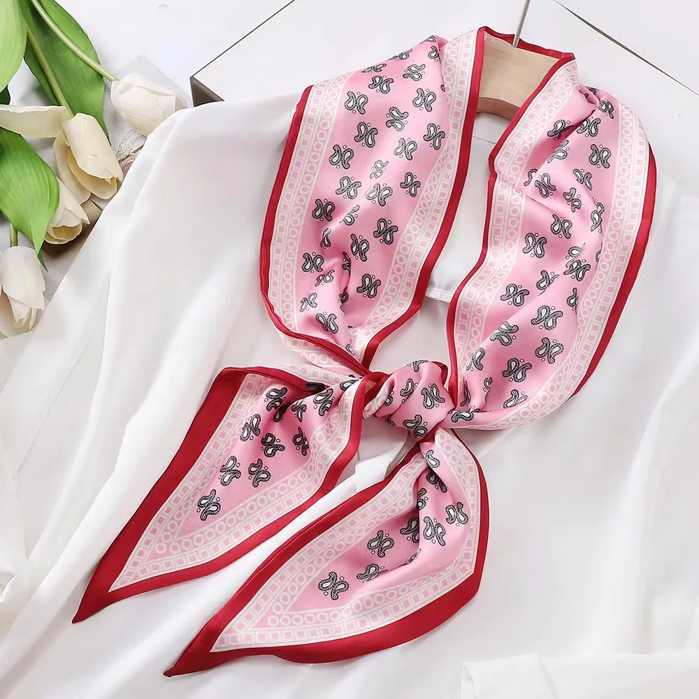 Fashion Bevel Print Hair Ribbon Silk Scarf Women Neck Tie Bag Scarfs Satin Silk Skinny Headscarves Ladies Headband Foulard Gift